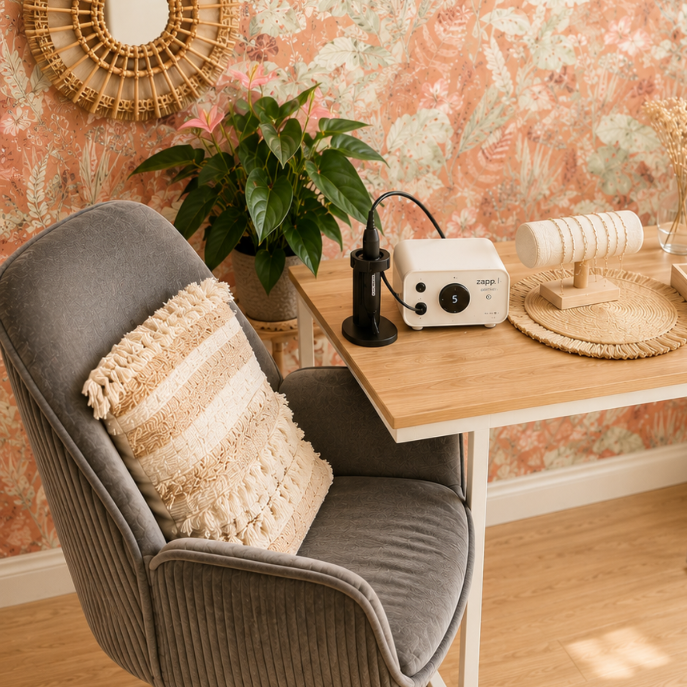 Arbeitsplatz für Permanent Schmuck mit Schweißgerät, Schmuckauswahl und mediterraner Einrichtung im ROSEMARY & Olive Studio in Wuppertal.