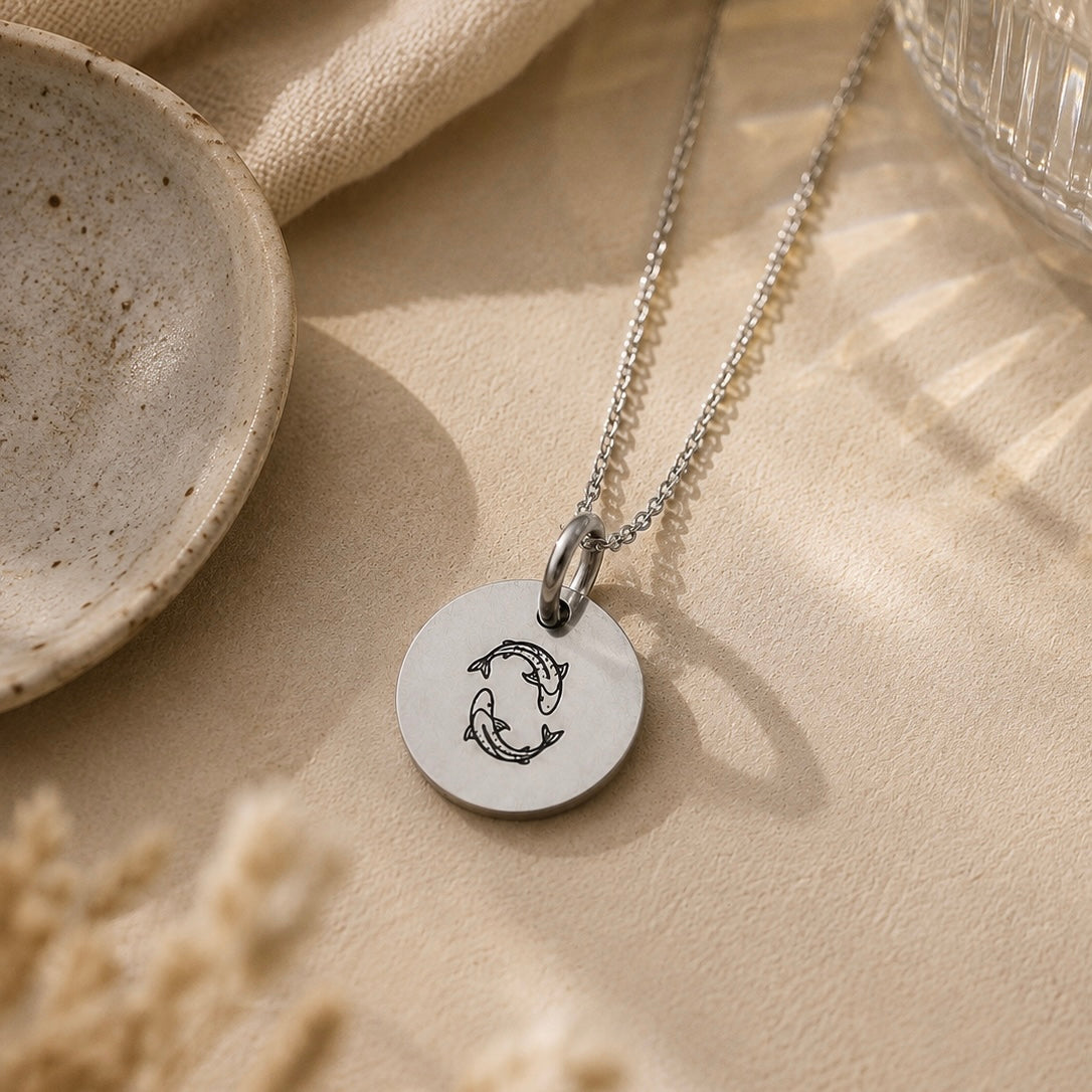 Silberne Sternzeichen-Kette mit rundem Anhänger und graviertem Fische-Motiv – personalisierbarer Zodiac Schmuck in Silber.