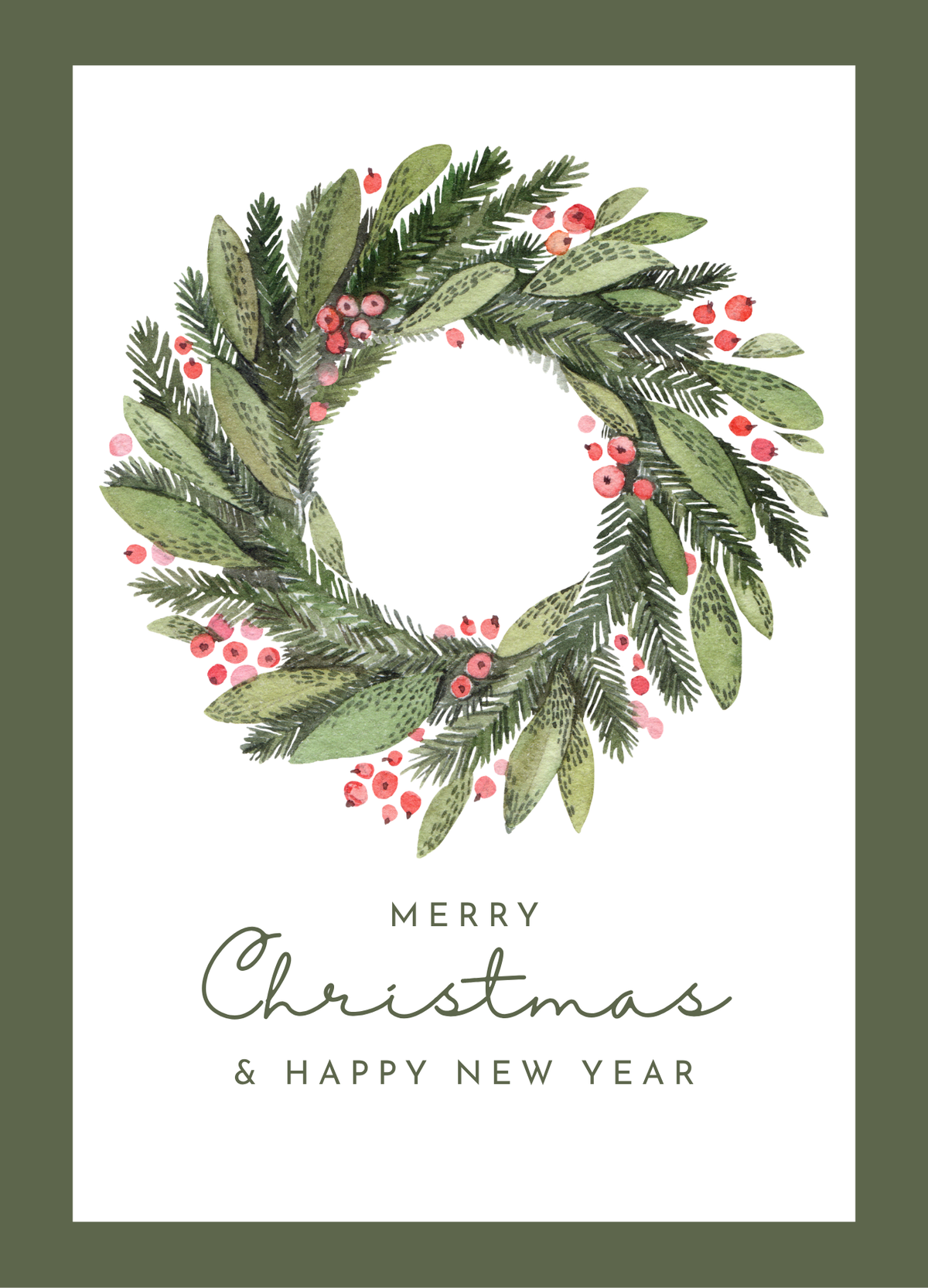 Weihnachtskarte Merry Christmas & Happy New Year mit aquarelliertem Weihnachtskranz, roten Beeren und olivgrünem Rahmen, auf hellem Hintergrund dekoriert.