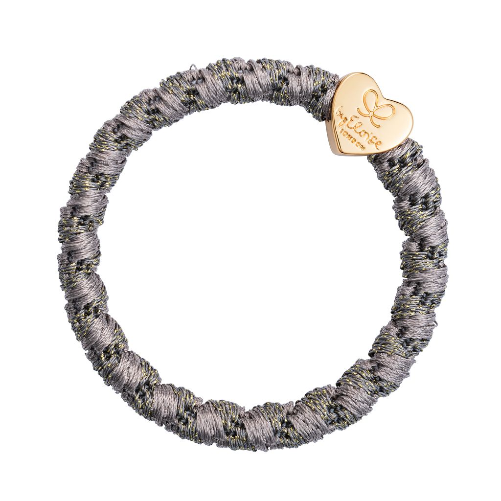 Gewebtes Haargummi grau mit Metallic-Faden und Herz Anhänger