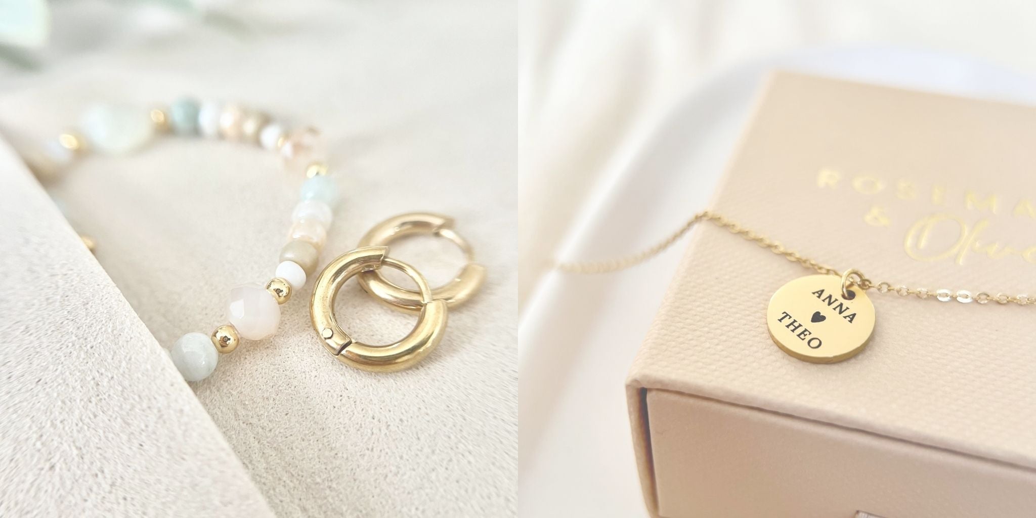 Zweiteiliges Bild mit einem Perlenarmband in Weiß-Beige-Tönen und goldenen Creolen links, sowie einer goldenen Kette mit graviertem Anhänger „Anna ♥ Theo“ auf einer beigen Schmuckbox rechts