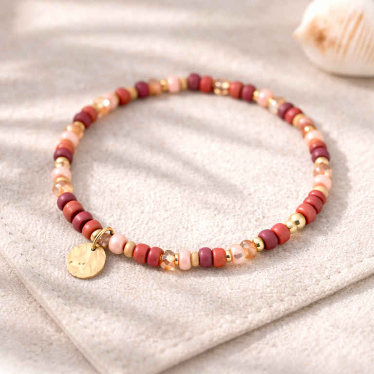 Perlenarmband in warmen Korall- und Rosétönen mit goldfarbenem Anhänger auf strukturiertem Untergrund – DIY Schmuckset für individuelles Armband