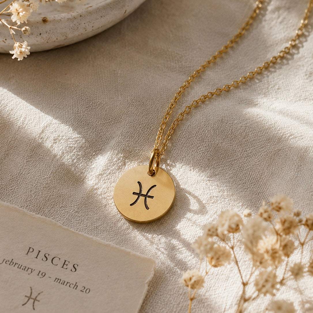 Goldene personalisierte Sternzeichen Kette Fische aus Edelstahl mit rundem Gravur-Anhänger im MONOLINE Design – Zodiac Schmuck und Geschenk für Frauen.