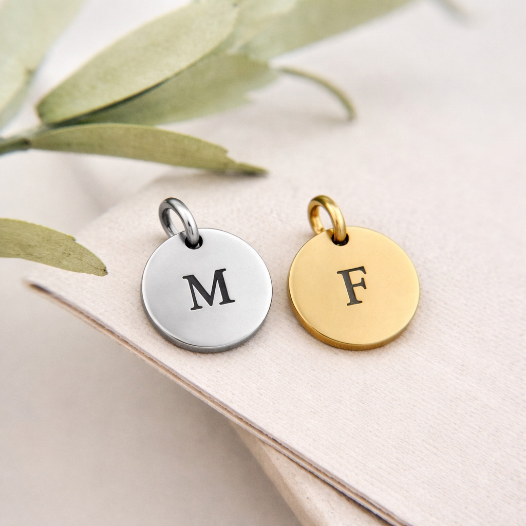 Zwei runde Edelstahl Anhänger, einer silberfarben mit Buchstabe M und einer goldfarben mit Buchstabe F, jeweils mit Lasergravur, geeignet zur Befestigung an Armband oder Kette.