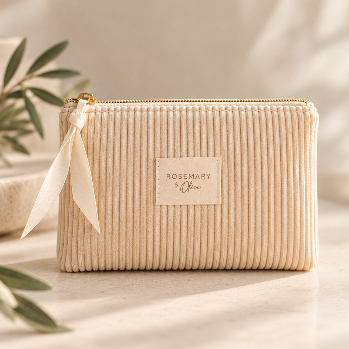 Beige Kosmetiktasche aus Cord von ROSEMARY & Olive mit goldenem Reißverschluss, dekorativer Schleife und Logoetikett. Die Cordtasche steht auf einer hellen Steinplatte mit Olivenzweigen im Hintergrund.