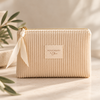 Beige Kosmetiktasche aus Cord von ROSEMARY & Olive mit goldenem Reißverschluss, dekorativer Schleife und Logoetikett. Die Cordtasche steht auf einer hellen Steinplatte mit Olivenzweigen im Hintergrund.