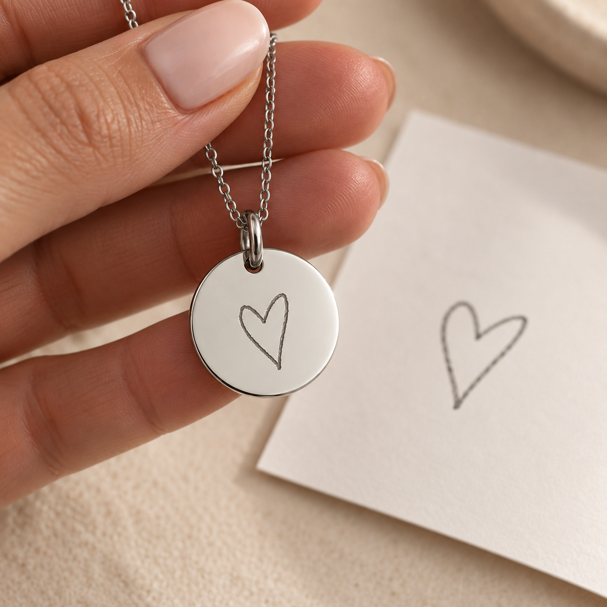 Personalisierte Kette aus Edelstahl mit Gravur einer handgezeichneten Herzzeichnung