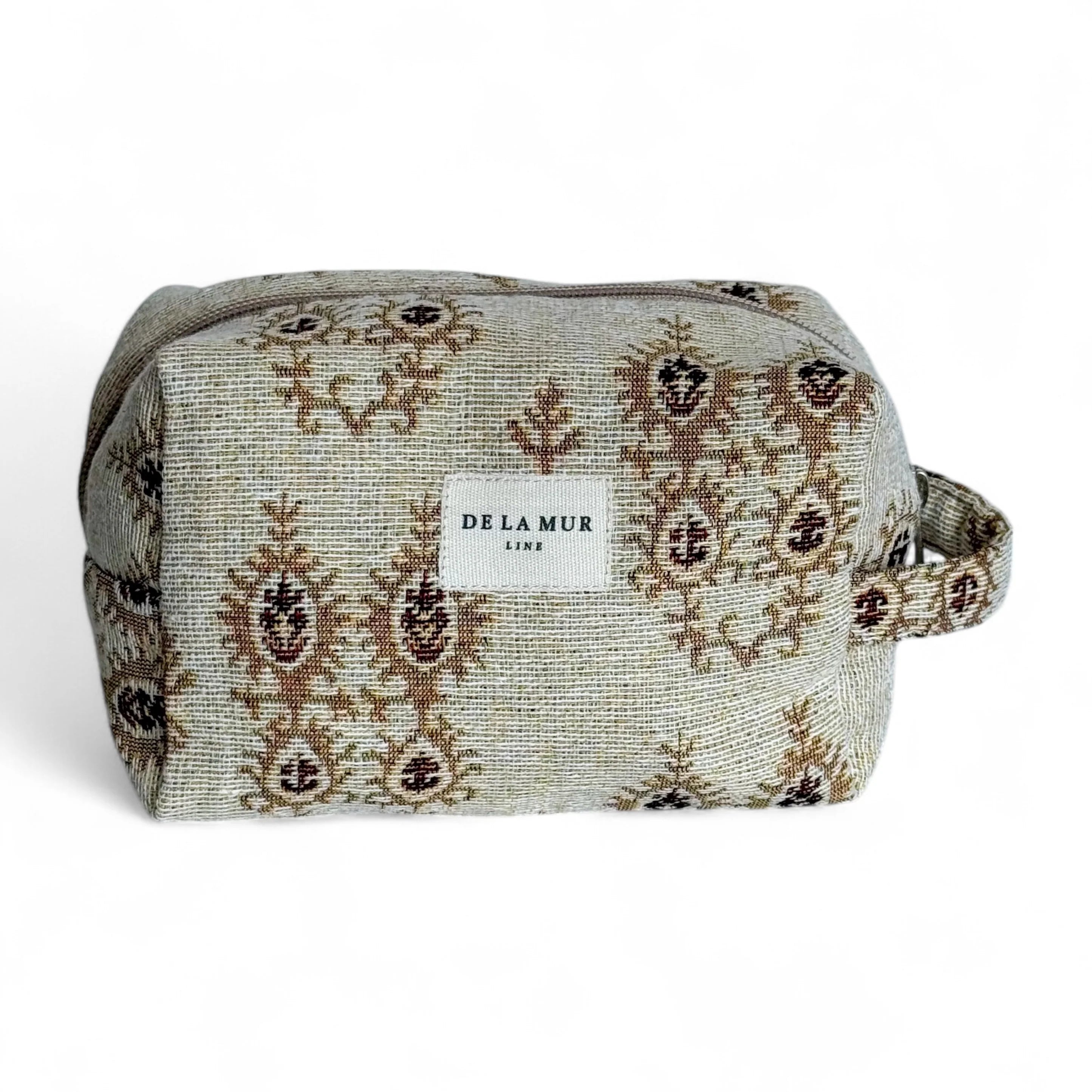 DE LA MUR Beauty Bag Medium aus Jacquard-Stoff in Beige mit klassischem Muster und seitlichem Griff, handgefertigt in Barcelona.