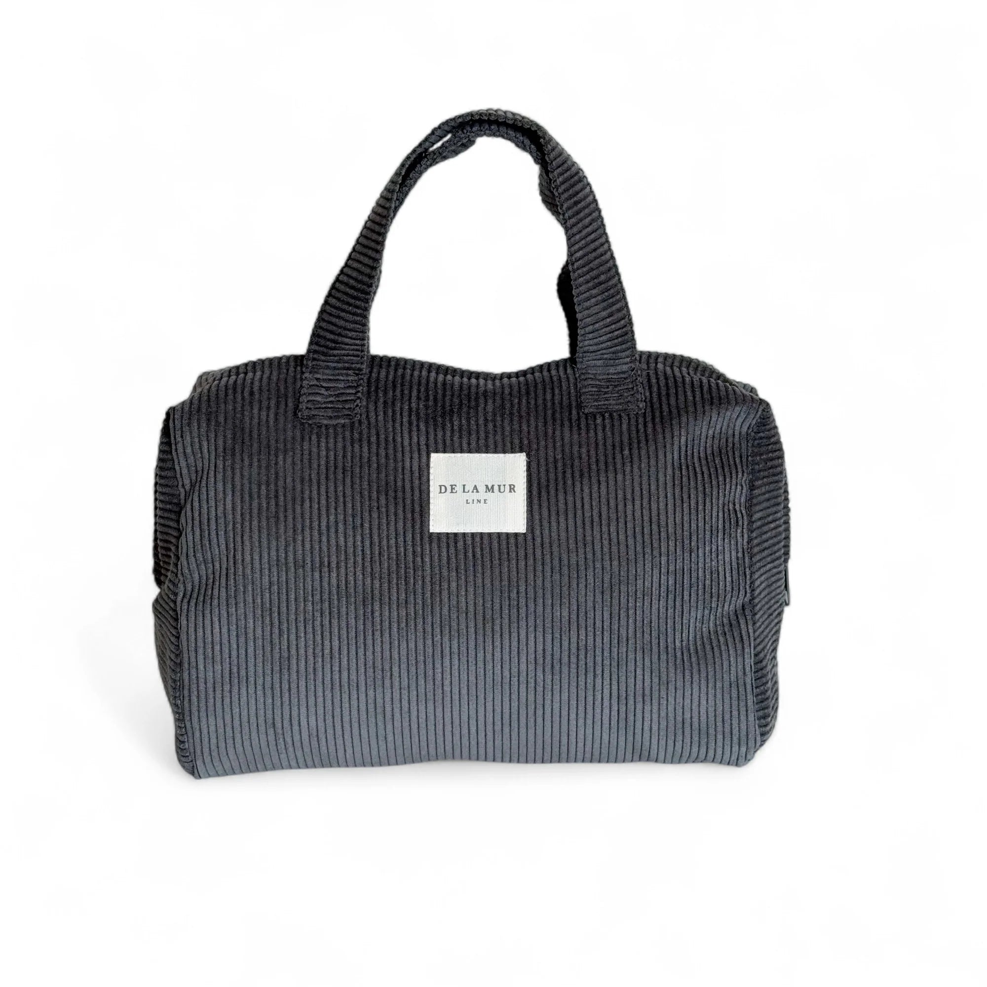 Handgefertigte DE LA MUR Beauty Bag XL aus anthrazitfarbenem Cord mit zwei Henkeln, Reißverschluss und gefüttertem Innenraum – große Kulturtasche aus Barcelona.