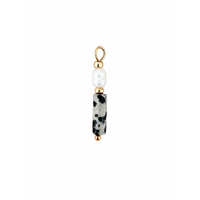 Mix & Match Ohrring Anhänger mit Süßwasserperle und Dalmatiner Jaspis Naturstein in Schwarz Weiß sowie goldenen Edelstahlelementen