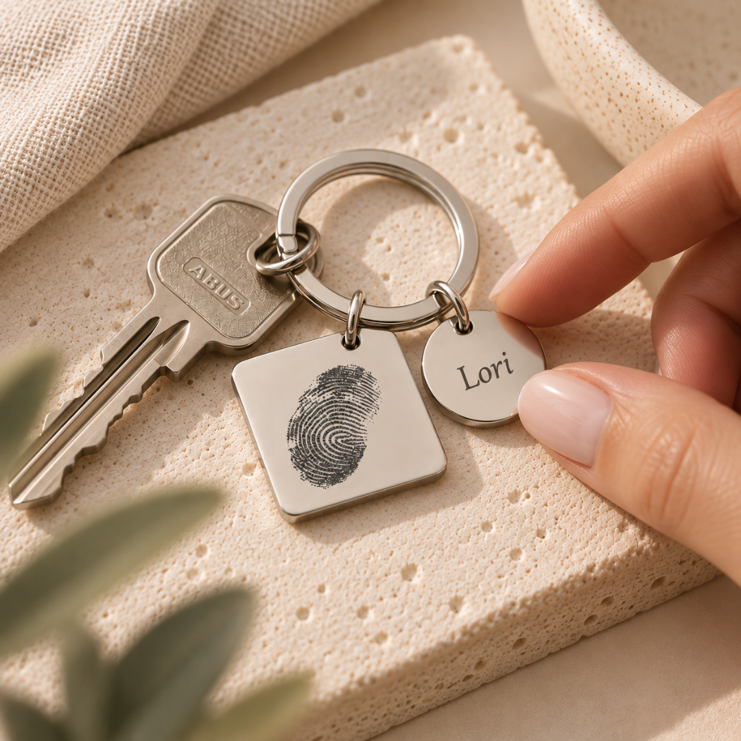 Personalisierter Schlüsselanhänger mit Fingerabdruck und Name aus Edelstahl in Silber