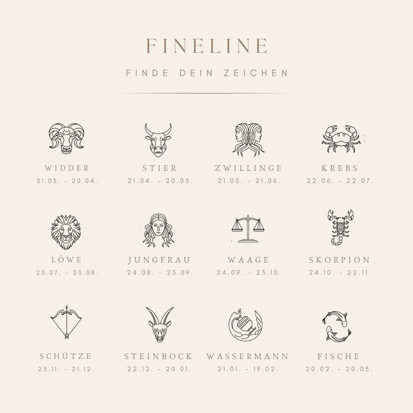 Übersicht aller 12 Sternzeichen im FINELINE Design mit filigranen Illustrationen und Geburtsdaten – Widder, Stier, Zwillinge, Krebs, Löwe, Jungfrau, Waage, Skorpion, Schütze, Steinbock, Wassermann und Fische