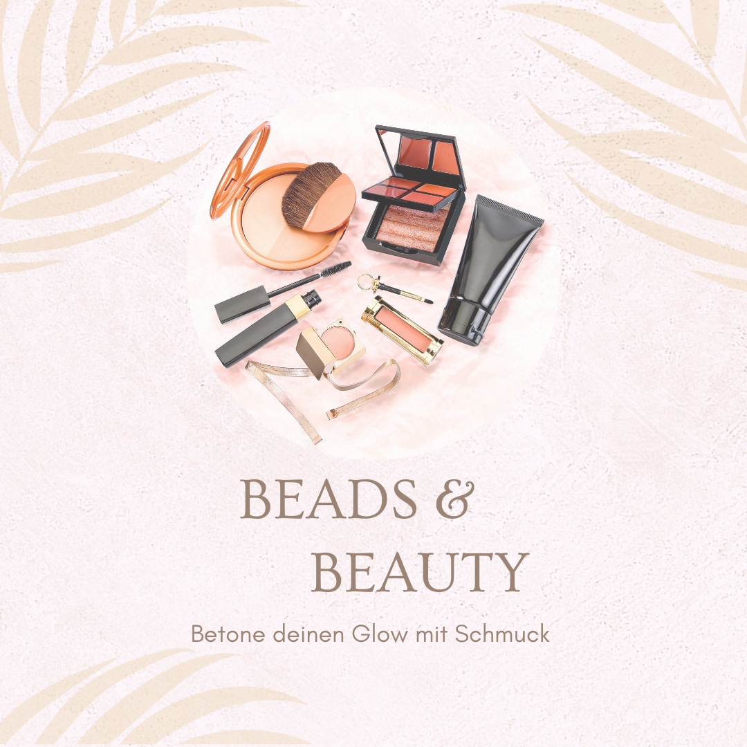Workshop „Beads & Beauty“ in Wuppertal – Make-up Produkte wie Puder, Rouge, Mascara und Lipgloss auf hellem Hintergrund als Symbol für einen Beauty- und Schmuck-Workshop, bei dem Teilnehmerinnen ihren Glow mit selbstgemachtem Perlenschmuck betonen.
